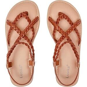New Luoika Womens 8.5W Wide Brown Braided Strap Opent Toe Flat Sandals Shoes